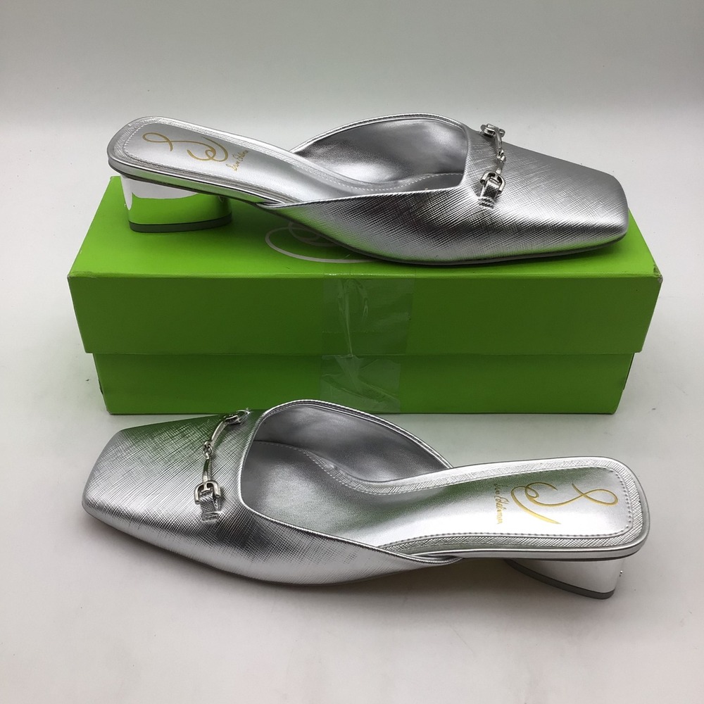 Sam Edelman Ollie Silver‎ Metallic Square Toe Slip On Mules Heels Shoes US 9.5 M